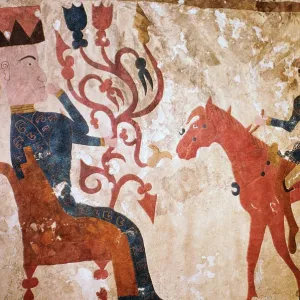 Detail of a horseman and seated man from felt Scythian wall-hanging