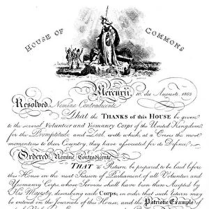 House of Commons resolution conveying thanks to the Volunteer Yeomanry Corps, c1905