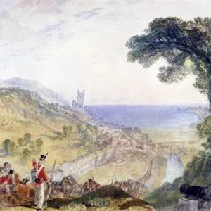 Hythe, Kent Print 1824: Cliff Top Scene with Infantry and Cannon