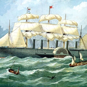 IK Brunels steam ship Great Eastern showing housing for paddle wheel, and sails, 1857