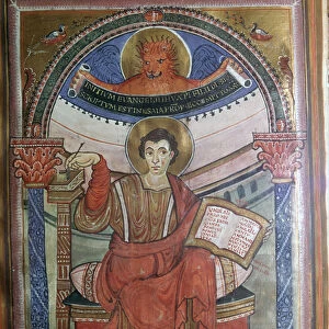 Illustration of St Mark holding his gospel, 8th century