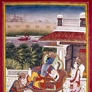 Indian miniature showing Krishna and a princess on a couch, 18th century