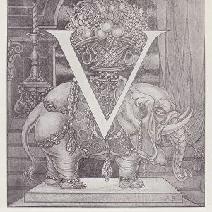 Initial Letter V (Elephant) to Volpone, 1898. Creator: Aubrey Beardsley