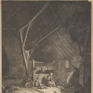 Interior of a Barn with Mother and Two Children, Right in Front a Pig (copy)