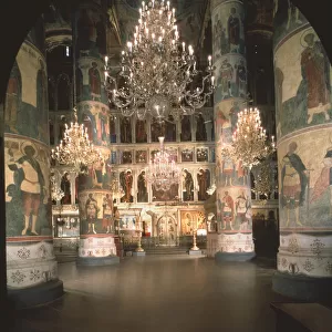 Interior with the iconostasis in the Assumption of the Blessed Virgin Cathedral in the Moscow Kremlin, 14th-15th cen Artist: Old Russian Architecture