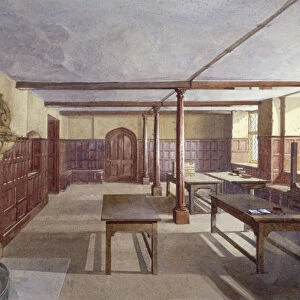 Interior view of the boys dining room in Charterhouse, London, 1885