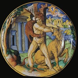Italian earthenware plate with an image of Hercules and the Cretan bull, 16th century