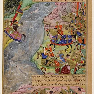 Jalal al-Din Khwarazm-Shah crossing the rapid Indus river, escaping Chinggis Khan and his army, 1597 Artist: Dharm Das (active c. 1577-1607)