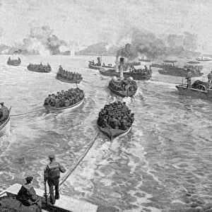 Japanese naval brigade landing under fire at Pitsewo, Russo-Japanese War, 1904-5