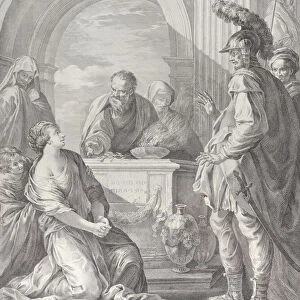 Jephthahs daughter kneeling by the sacrificial altar, with her father standing at righ