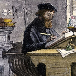 John Wycliffe at work, 19th century. Artist: Anonymous