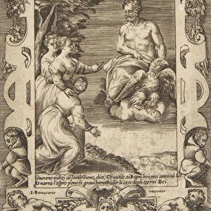 Juno at left asks Jupiter to help the Greeks, set within an elaborate frame, from the