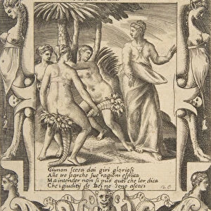 Juno at the right turning and speaking to the Fates, set within an elaborate frame, fro
