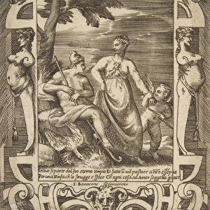 Jupiter at left in the form of a shepherd accompanied by Mnemosyne, set within an elabo