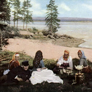 Karelians having tea by a river, near Archangel, Russia, c1930s