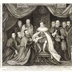 King Edward VI signing a charter, 1552, (1750). Artist: George Vertue