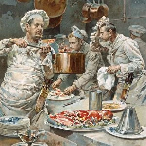 In the Kitchen preparations for Christmas Eve Dinner in a Paris Restaurant, from L Illustration