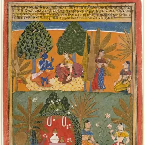 Krishna and Radha with Their Confidantes: Page from a Dispersed Gita Govinda, ca. 1655-60