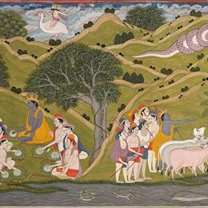 Krishna Returns with the Cowherds to Braj, from a Bhagavata Purana, c. 1830. Creator: Unknown