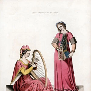 Ladies Playing on the Harp and Organ, early 14th century, (1843). Artist: Henry Shaw