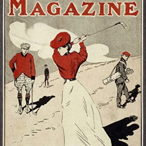 Lady golfer taking a swing on the cover of The Penny Magazine, c1900