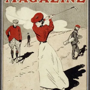 Lady golfer taking a swing on the cover of The Penny Magazine, c1900