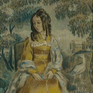 Lady by Tapestry. Portrait of Nadezhda Stanyukovich, 1903. Artist: Borisov-Musatov, Viktor Elpidiforovich (1870-1905)