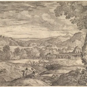 Landscape with a brick factory in the middle ground, a standing man in the foreground p