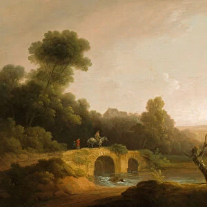 Landscape with Figures Crossing a Bridge, 1790 / 1800. Creators: John Rathbone