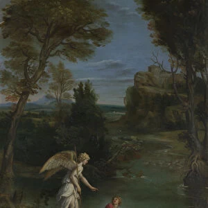 Landscape with Tobias laying hold of the Fish, c. 1612. Artist: Domenichino (1581-1641)