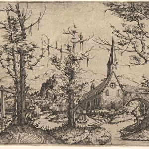 Landscape with Four Trees and a Church at Right, 1545 (?). Creator: Augustin Hirschvogel