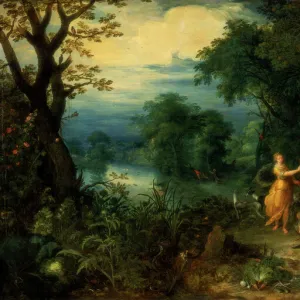 A landscape with wood; Diana offers a hare to a nymph; Silenus and Ceres in foreground, c1614. Artist: Abraham Govaerts