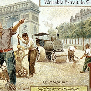 Laying a Macadam road surface and compacting it with a steam road roller, Paris, c1900