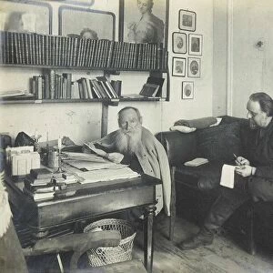 Leo Tolstoy with his secretary Vladimir Chertkov at the Yasnaya Polyana on 29 March 1909, 1909