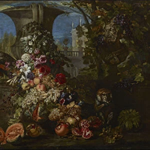Still life with fruits and flowers in the garden of an Italian villa, Second Half of the 17th cen