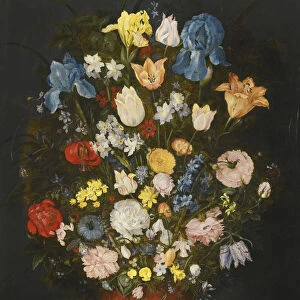Still life with irises, tulips, roses, and narcissus in a ceramic vase, c. 1600-1605