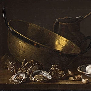 Still life with oysters, garlic, eggs, pear and pot
