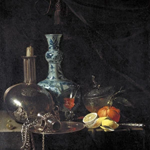 Still life with a pilgrim flask, candlestick, porcelain vase and fruit, 17th century