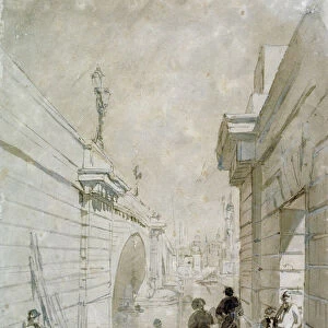 London Bridge looking north from the upper landing of steps near Tooley Street, 1833