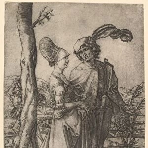 Lord and lady walking with figure of death hiding behind a tree, holding an hourg... ca
