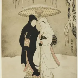 Lovers Beneath an Umbrella in the Snow, c. 1767. Creator: Suzuki Harunobu