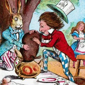 The Mad Hatter and the March Hare trying to put the Dormouse into a teapot, c1910. Artist: John Tenniel The Mad Hatter and the March Hare trying to put the Dormouse into a teapot, c1910. Artist: John Tenniel