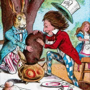 The Mad Hatter and the March Hare trying to put the Dormouse into a teapot, c1910. Artist: John Tenniel