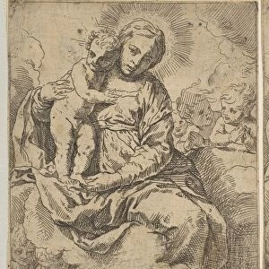 Madonna and Child seated on clouds and surrounded by angels, copy in reverse a... ca