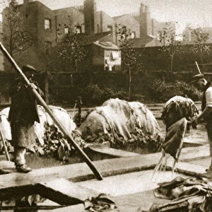Making leather in the lime yard at Neckinger Mills, London, 20th century