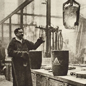 Making money; pots of liquid metal being handled in the melting room, 20th century
