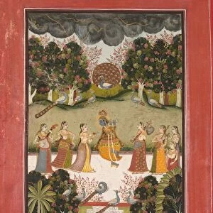 Malar Ragini: Krishna Playing the Flute to Seven Gopis Holding Musical Instruments