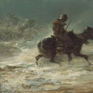 Man with Lance Riding through the Snow, c. 1880. Creator: Christian Adolf Schreyer
