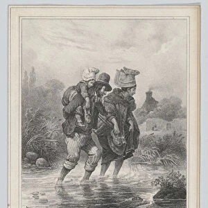 Man, Woman and Child Crossing a Stream, 1829. Creator: Hippolyte Bellangé