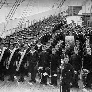 A marching out battalion parade on board the training ship HMS Lion, 1896. Artist: WM Crockett